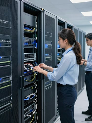 Profissionais de TI colaborando em um ambiente de data center moderno com servidores e cabos organizados, luz natural e tons frios.