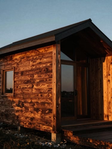 Dramatic architectural wide shot of a custom luxury wooden cabin at twilight, warm golden-hour side-lighting, deep shadows emphasizing rich walnut wood grain, medium format film look.