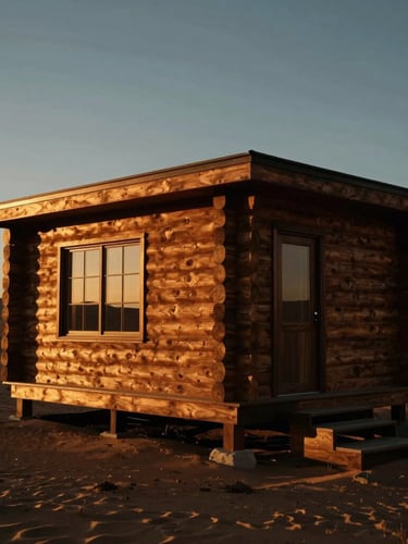 Dramatic architectural wide shot of a luxury custom wooden cabin in the desert at twilight, golden-hour side-lighting reflecting off hand-finished walnut logs, deep shadows, cinematic medium format film look
