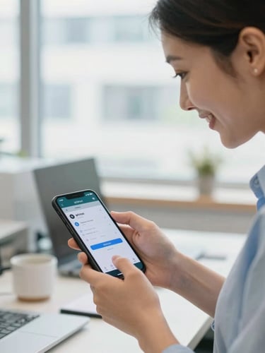 Close-up of a friendly office assistant helping a local driver configure the inDrive app on his smartphone inside a bright, clean PWD office, natural daylight, authentic interaction.