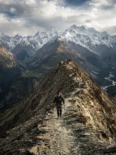 Rugged outdoor photography of a lone trekker navigating a narrow ridge-line in Hunza, dramatic high-altitude alpine light, towering snow-capped Karakoram peaks in the background, deep forest and earth tones, 24mm wide-angle.