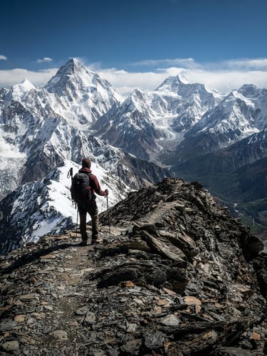 A lone trekker standing on a rocky ridge looking out over the massive snow-covered peaks of the Karakoram range, harsh alpine sunlight, deep forest green tones, 24mm wide-angle