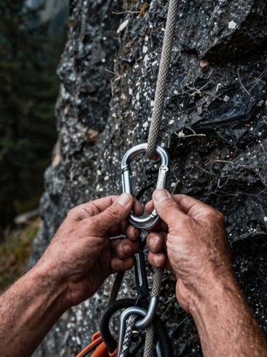 Tight macro shot of weathered hands checking climbing ropes and steel carabiners against a backdrop of dark alpine slate, natural light.