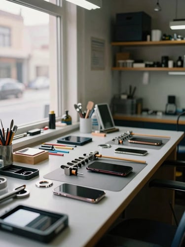 Wide interior shot of a tidy phone repair workshop, workbench with organized tools and spare parts, natural daylight from a side window illuminating the workspace, no people—just the craft environment