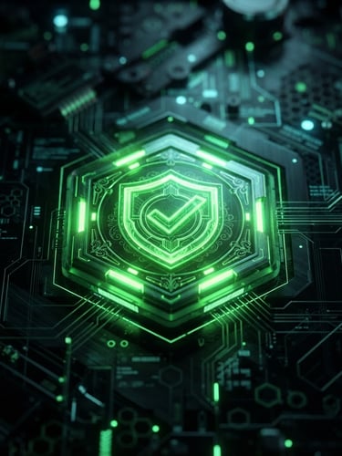Macro close-up of a glowing digital interface displaying a green verified merchant badge, dark high-tech background with neon green ambient light, sharp contrast, 3d render style