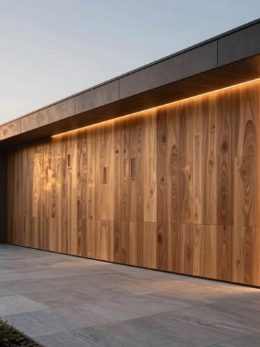 Wide-angle architectural photograph of a modern luxury living room at dusk, custom oak wall paneling with integrated soft bronze LED lighting, zero visible wires, clean structured lines, 35mm lens.