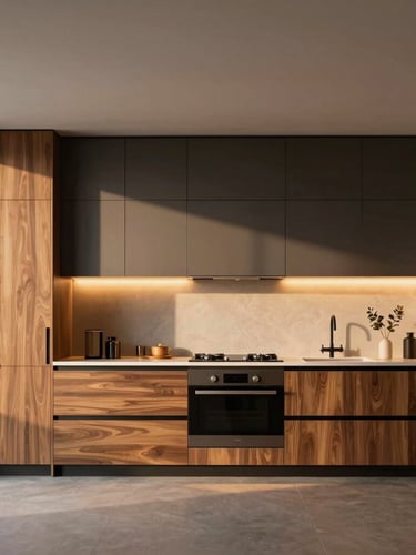 A split-screen style architectural rendering transitioning to a real photograph of a luxury kitchen with integrated lighting, showcasing precise alignment of custom cabinetry, 35mm lens.