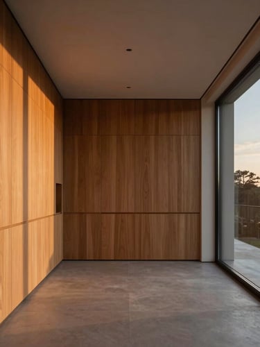 Sleek minimalist residential interior with warm oak cabinetry and integrated soft lighting, dusk light pouring through floor-to-ceiling windows, 35mm lens.