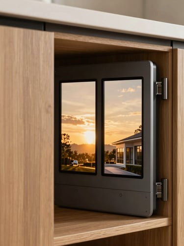 Close-up detail of custom oak cabinetry panel sliding open smoothly to reveal neatly organized, hidden smart home control panels, soft golden-hour lighting, warm architectural photography.