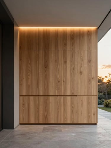 Sleek architectural interior featuring custom-milled oak cabinetry with soft, warm integrated lighting, clean minimalist design, natural diffused daylight, straight-on medium shot, 35mm lens.