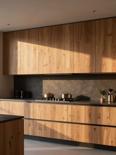 Sleek modern kitchen with warm oak custom cabinetry, clean lines, no visible hardware or wires, soft architectural lighting, 35mm lens, high-end residential.