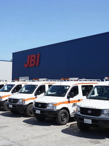 Wide environmental shot of JBI Technologies fleet of utility vehicles parked outside their Queenstown, MD office, bright clear daylight, high-contrast, industrial setting, 35mm