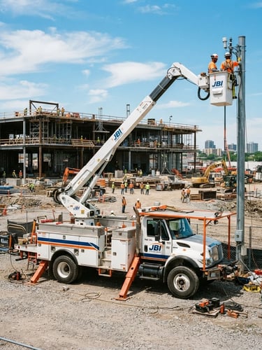 Wide shot of a JBI Technologies bucket truck on-site at a commercial construction project, technicians in safety gear visible, bright clear daylight, high-contrast, safety orange accents on equipment, 35mm
