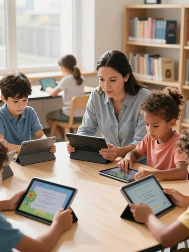 A teacher in a sunlit Cleveland library guiding a small group of diverse children as they interact with educational reading software on tablets, warm natural light.