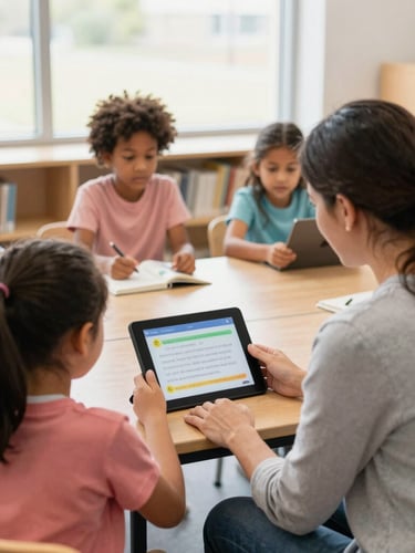 Over-the-shoulder view of a teacher guiding a small reading group in an Ohio library, a student holding a digital tablet displaying a colorful reading passage, warm natural window lighting.