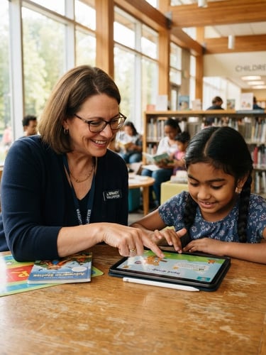 Over-the-shoulder shot of a friendly volunteer guiding a child using an adaptive tablet reading app in a brightly lit Columbus library, warm natural window light