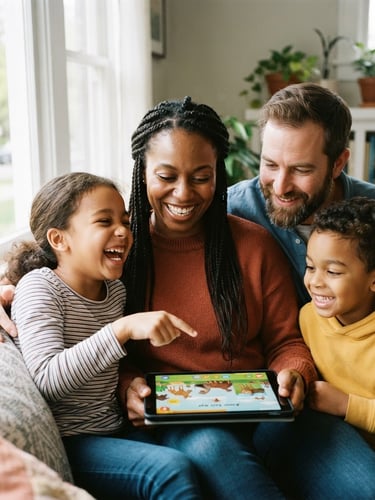 Warm editorial photography of a diverse Ohio family reading together on a tablet, bright natural window light, 35mm lens, close-up on shared smiling expression