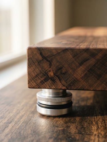 Macro detail shot of a solid walnut isolation platform corner, showing the hand-planed end-grain density meeting precision aluminum isolation feet, warm directional side-lighting, shallow depth of field, 35mm