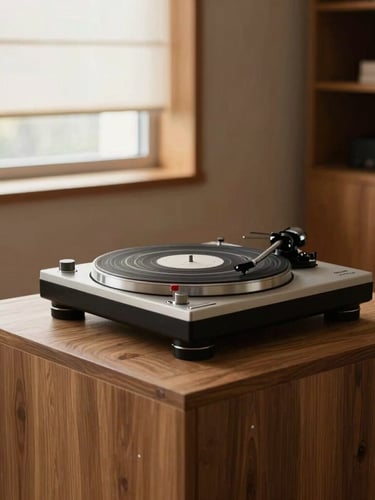 Wide environmental shot of a high-end turntable resting on a solid oak isolation platform inside a clean mid-century modern listening room, warm directional window light, 35mm