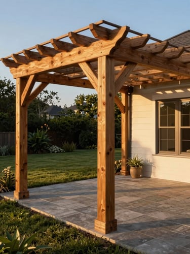 Wide environmental shot of a completed wood pergola on a residential property — heavy-timber post and beam structure with mortise joinery visible in the foreground, connected to a patio with stone pavers, golden hour sidelight revealing grain and construction detail, full yard context behind