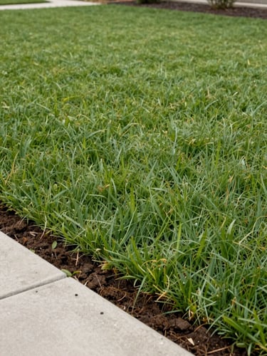 Close wide shot of freshly installed sod on a residential property — clean sod edges meeting a concrete border in the foreground, natural overcast daylight revealing the uniform grass texture, slight slope visible in the background indicating graded terrain