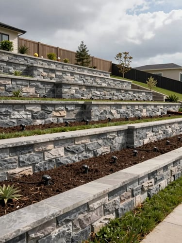 Wide environmental photograph of a completed residential landscape project — tiered stone retaining walls stepping down a graded slope, sod established between tiers, irrigation heads visible at turf edge, overcast daylight from the north revealing wall shadow depth and grading precision, full rear yard visible with property fence line at distance, no people