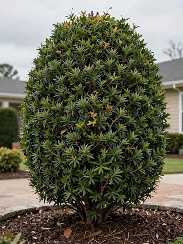 Close architectural shot of a mature ornamental shrub after precise structural trimming — clean branch structure visible under natural overcast light, surrounding mulch bed and stone border edge in the background providing property context, no people present