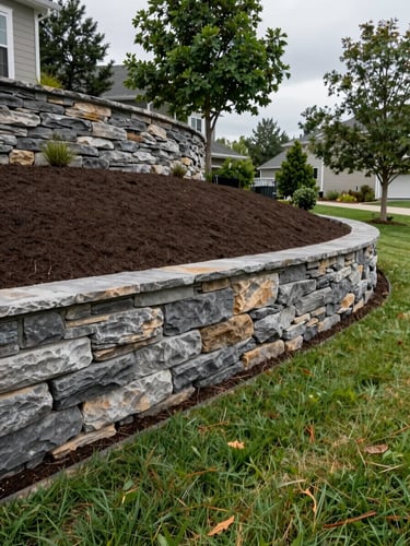 Wide environmental shot from ground level, a completed residential landscape installation — stacked-stone retaining wall curving across a graded slope, freshly laid sod extending from wall base across a broad lawn, overcast daylight revealing texture and shadow depth in the stone coursing, full property context visible with mature trees at property edge