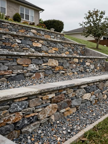Wide environmental shot of a completed multi-course retaining wall on a sloped residential property — dry-stack stone wall stepping the grade in two tiers, compacted gravel drainage layer visible at the wall base, property lawn level behind the wall in natural overcast light