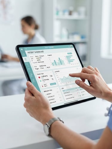 Bright clinical photography, hands operating a clean medical database on a tablet, soft clinical teal accents, sharp focus