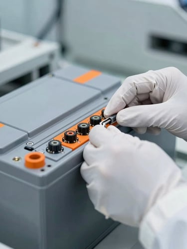 Close-up of a local assembly technician in cleanroom gear calibrating terminal connections on a slate gray battery enclosure, sharp industrial lighting, safety orange accents