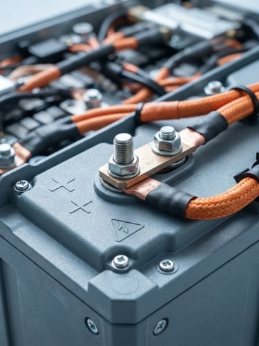 A macro studio shot of heavy-duty industrial LiFePO4 battery terminals, cool clean slate gray casing, sharp safety orange wiring accents, technical schematic overlay, sharp industrial photography, cool clean studio lighting, 50mm lens.