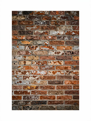 Medium shot of a weathered brick wall section showing mortar joints and patina variation under diffused north light, framed orthogonally, no furnishings or people, the material surface occupying the entire frame