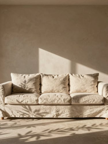 A warm sun-drenched minimalist living room with plaster walls, a linen sofa, shadows of olive leaves cast on the floor, natural warm afternoon light, editorial interior photography style.