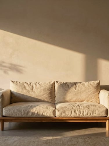 Cinematic shot of a warm minimalist living room, golden hour sunlight casting long soft shadows on a plaster wall, a linen sofa, oak wood details, and a ceramic vase