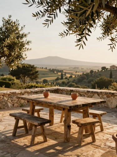 Warm sunlit stone villa terrace at golden hour, soft shadows of olive trees on rustic outdoor table with ceramic cups, Mediterranean landscape background