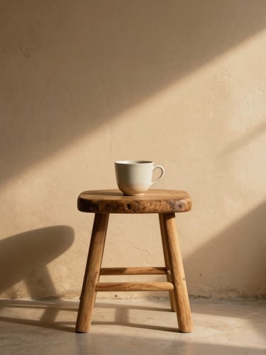 Cinematic shot of warm afternoon sunlight casting soft shadows on a plaster wall, a rustic wooden stool with a ceramic cup, minimalist editorial composition, warm sand tones.