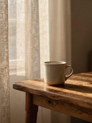 Plano medio de un salón minimalista bañado por la luz cálida del atardecer, una taza de cerámica sobre una mesa de madera rústica, cortinas de lino suave difuminando el sol directo, sombras alargadas y atmósfera serena, estilo editorial de diseño de interiores.