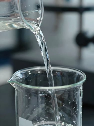 Macro photograph of clear chemical liquid pouring into a pristine glass beaker, cool industrial daylight, sharp technical focus