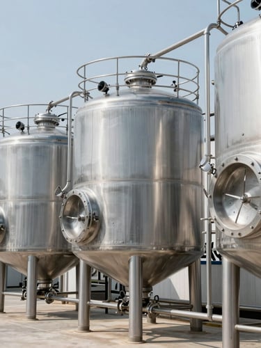 Pristine stainless steel mixing tanks in a modern chemical storage facility, bright cool daylight, sharp focus, clean industrial aesthetic