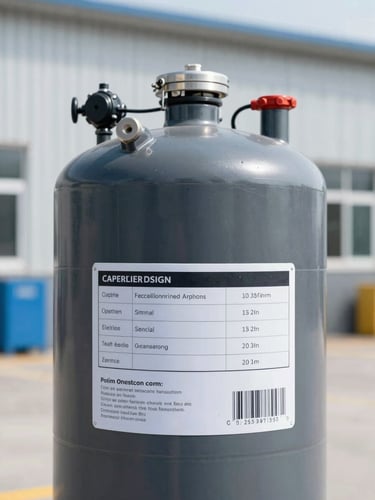 Prismatic close-up of a sealed chemical container with technical industrial labeling, cool bright daylight, clean warehouse background