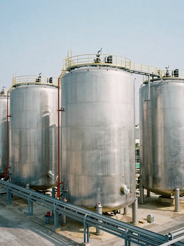 Modern chemical storage facility with pristine stainless steel tanks, structured logistics bay, cool bright daylight, technical 35mm photography