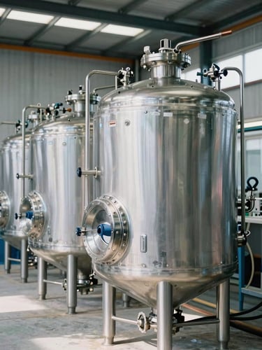 Pristine stainless steel chemical mixing tanks in a brightly lit industrial facility, cool daylight, sharp focus, 35mm