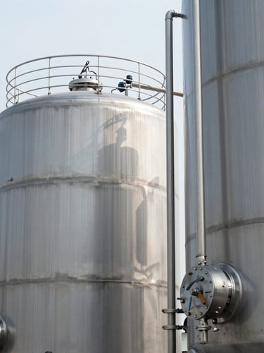 Sharp architectural shot of pristine stainless steel chemical storage tanks under cool industrial daylight, clean lines, technical focus.