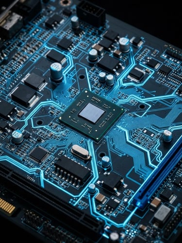 Close-up of a high-tech circuit board with electric blue glowing traces, set against a dark background, sharp focus on the components, studio lighting, macro detail, wide aspect.