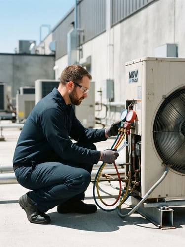 Branded MKW Global technician in a clean navy uniform adjusting a commercial outdoor air conditioning compressor with manifold gauges, bright daylight, high contrast, 35mm lens