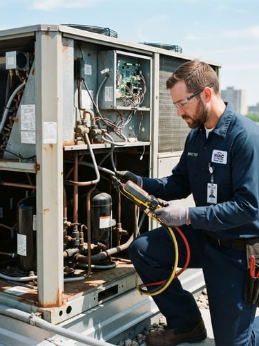 A certified HVAC technician in a clean branded uniform inspecting a complex outdoor commercial compressor unit, bright daylight, crisp technical details, 35mm lens.