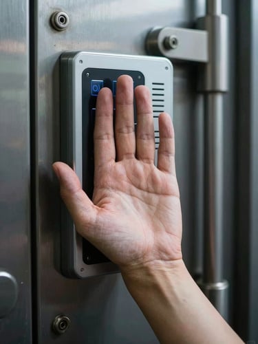 Close-up of a biometric palm-vein scanner at a vault entrance, cool-toned directional lighting, deep shadows, crisp steel textures.