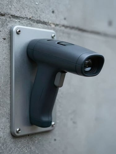 Close-up of a high-security biometric hand scanner on a reinforced concrete wall, cool directional lighting, sharp focus.