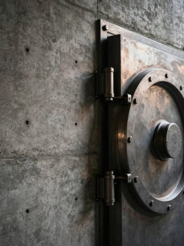 Tight architectural crop of a reinforced concrete wall meeting a massive steel vault door edge, low-key dramatic directional lighting, high contrast.